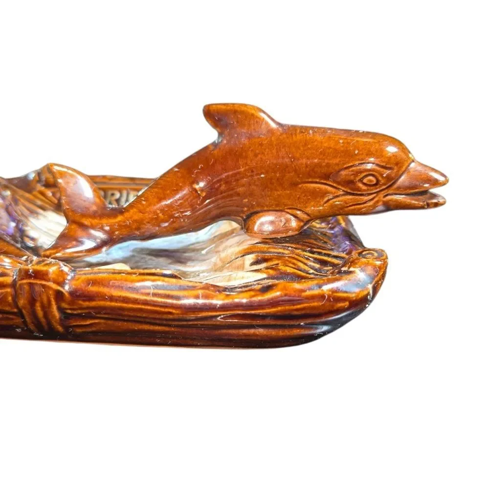 Vintage Brown Glazed Dolphin Topped Florida Souvenir Dripware Ashtray 7